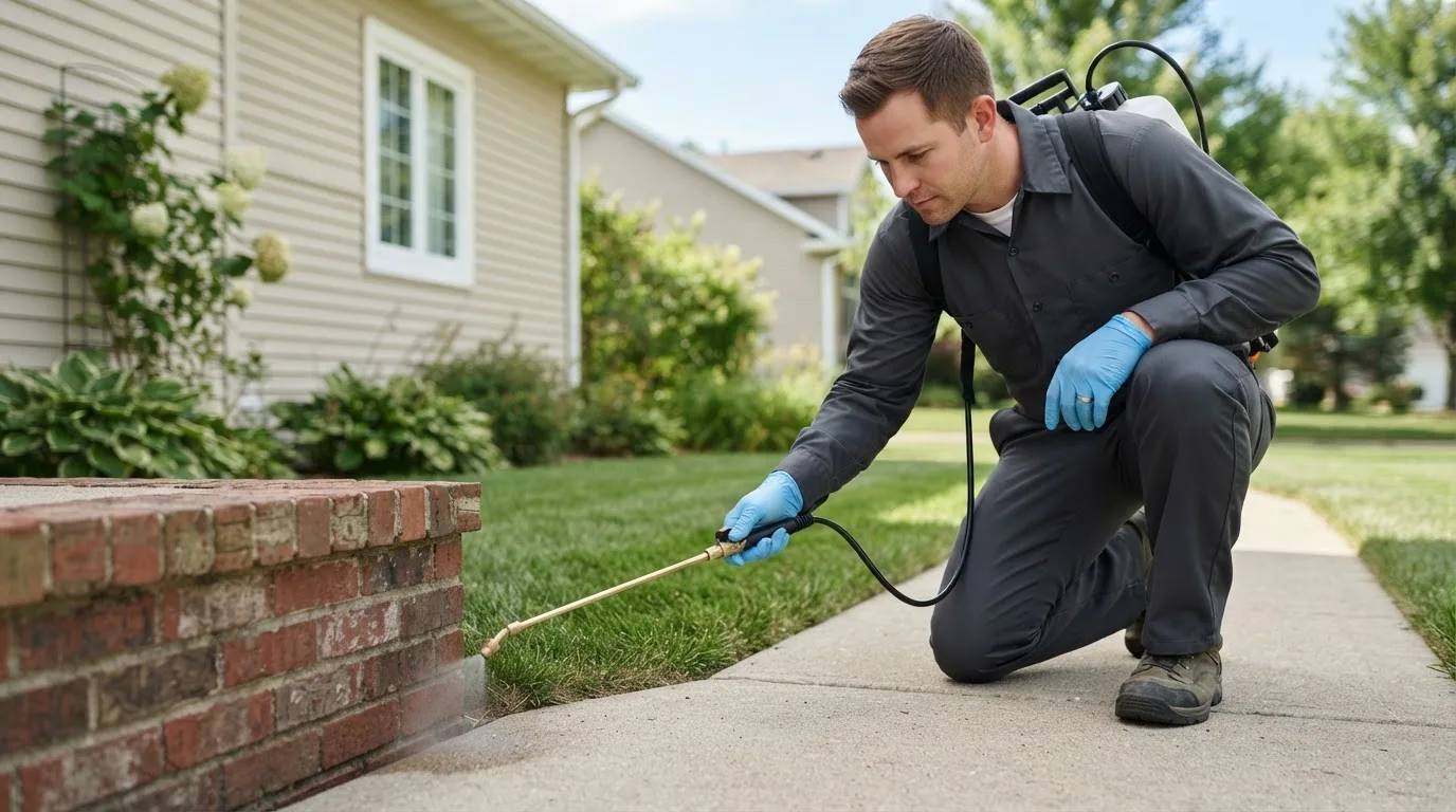 Pest control technician treating a home near Lyburn, WV