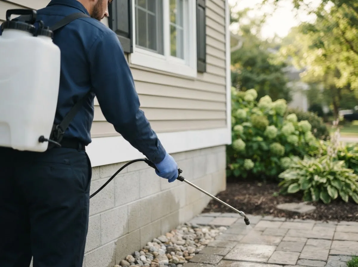Pest control technician inspecting a home in Lyburn, WV